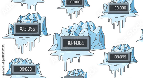 Melting Icebergs with Digital Clocks Vector Seamless Pattern