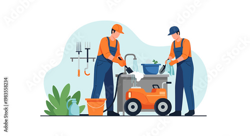 Two workers cleaning equipment with pressure washer and buckets.