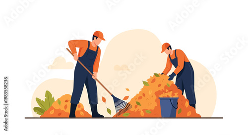 Two Workers Raking and Collecting Autumn Leaves Illustration.