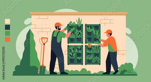Vertical Garden Installation by Two Gardeners in Overalls.