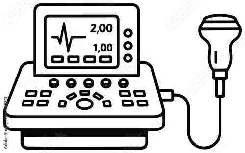 Medical ultrasound machine with probe and heart monitor display for diagnostic sonography and patient care.