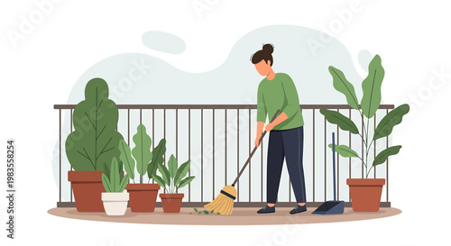 Woman cleaning balcony with plants and broom.
