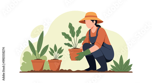 Woman Gardening Plants in Pots Illustration.