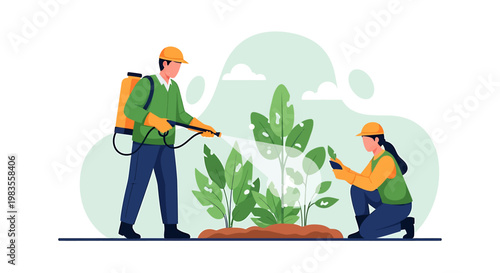 Workers tending to plants with spray and care, gardening.