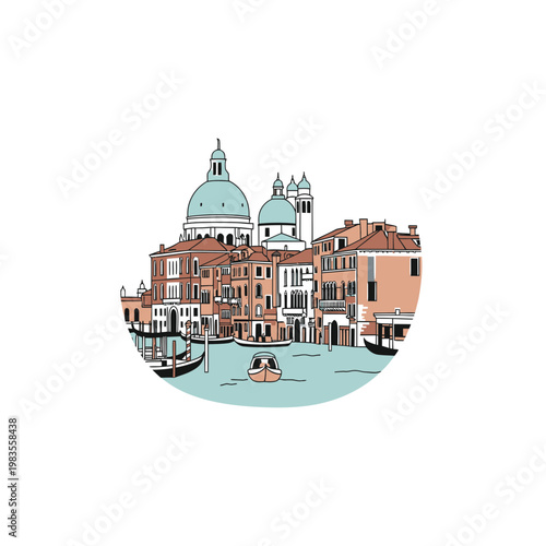 Hand Drawn Venice Italy Canal and Cathedral Vector Illustration
