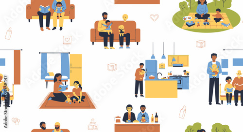 Diverse Family Lifestyle Seamless Pattern Vector Art