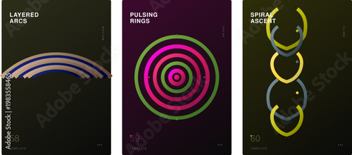 Harmonic rings poster template set layered arcs pulsing spiral ascent meditative design