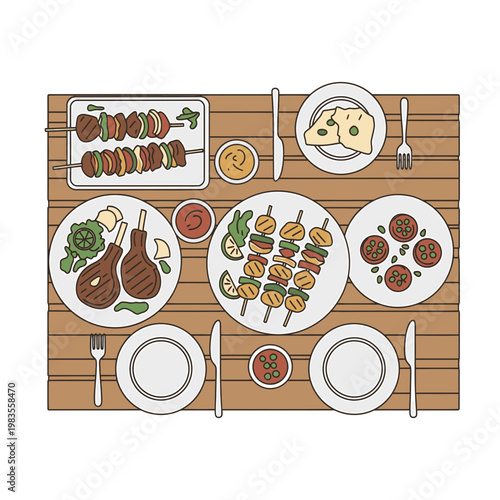 BBQ Meat and Vegetable Skewers Dinner Set on Wooden Table