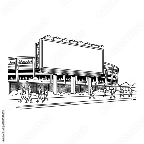 Blank Billboard Mockup at Stadium Arena with People Line Art Illustration