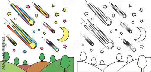 Colorful Shooting Stars and Comets Over Hills with Trees at Night