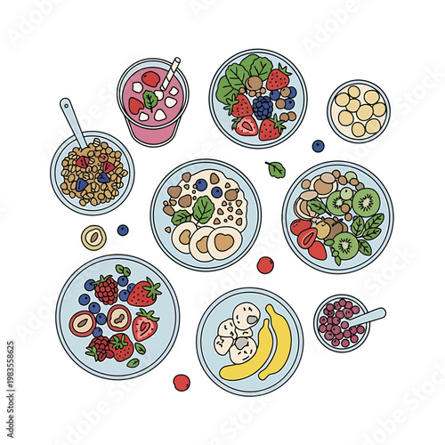 Healthy Breakfast Bowls and Smoothie Vector Illustration Set