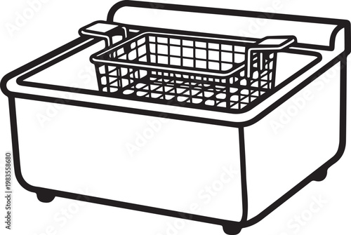 High-capacity industrial fryer with basket vector icon for food processing, commercial kitchens, restaurant equipment, culinary design, manufacturing layouts, industrial food production