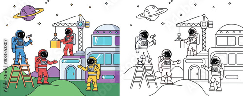 Astronauts Building a Colony on an Alien Planet Cartoon Vector Illustration