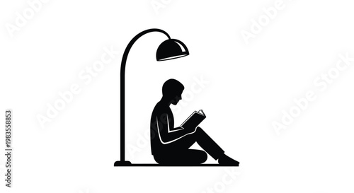 A silhouette of a person reading a book under a floor lamp