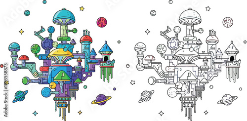 Whimsical Sci Fi Mushroom City in Space with Planets Coloring Page