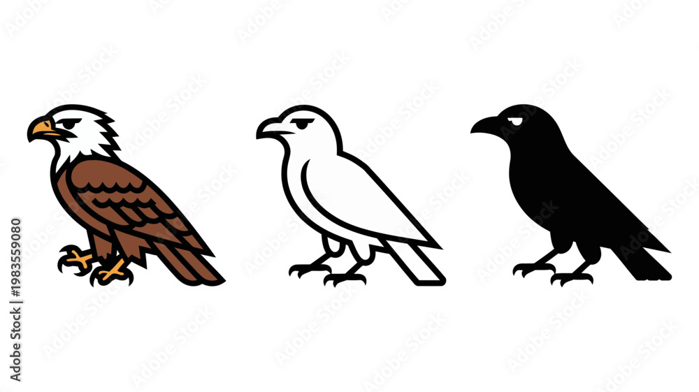 Fototapeta premium Set of three eagle and raven bird illustrations in brown and black colors for mascot or logo design use