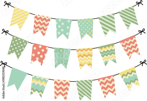 Colorful bunting flags set festive garland vector illustration party decoration hanging banner celebration collection design elements