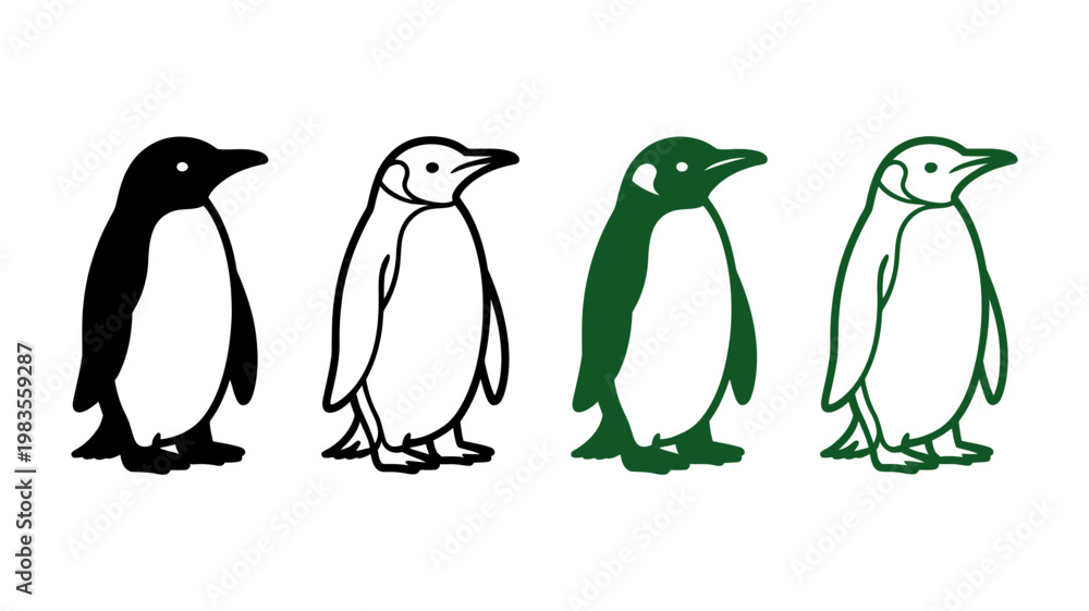 Obraz premium Four penguin icons in different styles including black and white and color