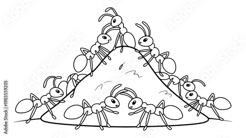 Colony of ants building a hill in a simple black and white line art illustration for nature education