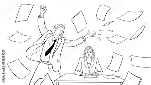 Angry businessman throwing papers while sitting next to a calm woman in a black and white office scene