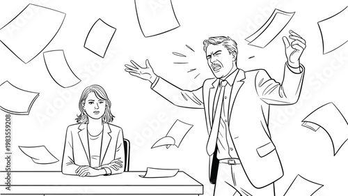 Frustrated businessman throwing documents into the air in a stressful office environment illustration