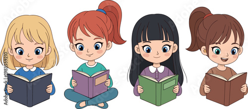 Vector illustration set of four cute cartoon girls reading books, perfect for children's learning, education, and reading-themed designs