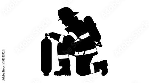 Firefighter kneeling and checking air tank equipment in a black silhouette style for safety concepts