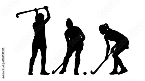 Three female field hockey players in action poses shown as black silhouettes