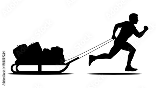 Man pulling a heavy sled loaded with baggage in a simple black silhouette style