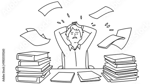 Stressed office worker buried in paperwork with documents flying in air as black and white line art sketch