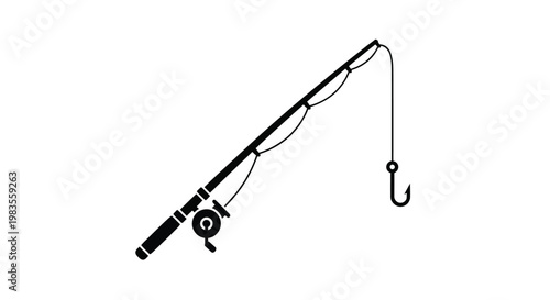 Simple black silhouette of a fishing rod with a line and hook