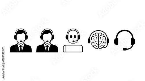 Set of customer support icons featuring operators headsets and AI brain technology in simple line style