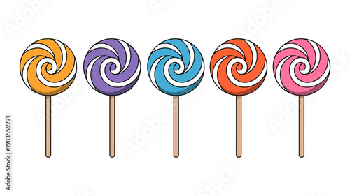 Five colorful spiral lollipops on wooden sticks for candy shop design element