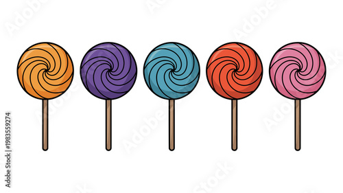 Five colorful spiral lollipops with hand drawn style outlines food design