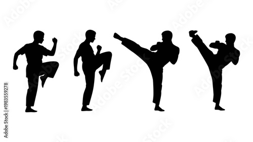 Four black silhouettes of martial arts fighter in fighting stance