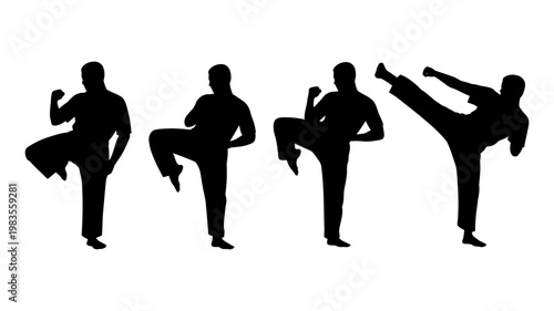 Four black silhouettes of martial arts fighter in defensive stance