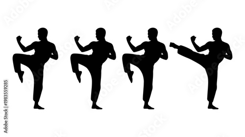 Four black silhouettes of martial arts fighter in high kick pose isolated on white background for gym decor