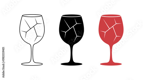 Three cracked wine glasses in outline black and red