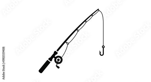 Simple black silhouette of a fishing rod with a visible hook