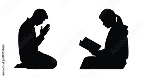 Silhouette of a couple praying and reading a book together