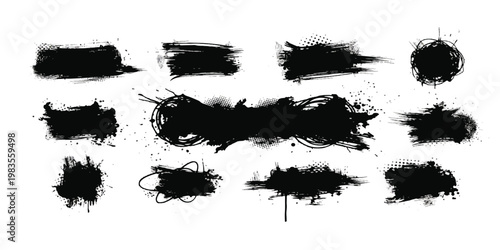 Set of black ink brush strokes and messy paint splatters for grunge graphic design