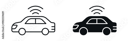 Connected Car Icon Set, Smart Vehicle WiFi Collection, Automotive Technology Symbols, Outline Solid Style, Vector Illustration