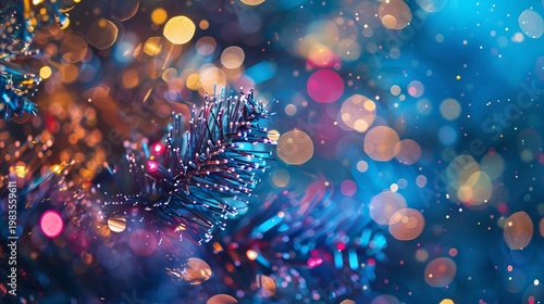 Colorful holiday light bokeh with Christmas tree branch abstract festive background