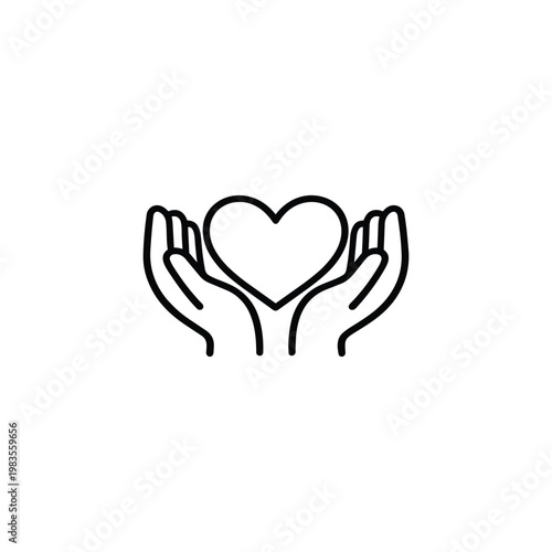 Community and volunteering heart in hands black and white vector icon for charity community and volunteering support