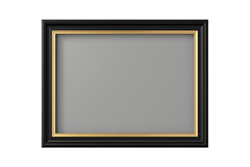 Black and gold picture frame with gray mat on a transparent background, displaying empty space for content