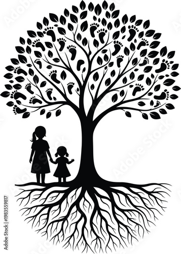 Family tree silhouette with mother and child, genealogical tree with roots and footprint leaves, black and white life cycle vector illustration