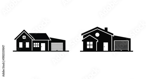 Schilderij op canvas Two black silhouette house icons with garages simple architectural design