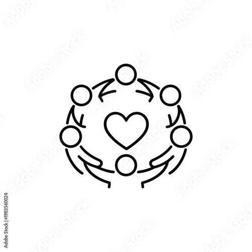 Community and volunteering heart icon community support teamwork people around heart line art black and white vector illustration for charity and social care