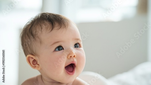 Baby With Bright Blue Eyes Looking Surprised While Sitting Indoors in Natural...