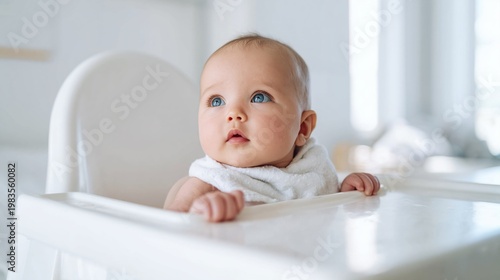 Cute Baby Sits in High Chair Looking Around in Bright Room During Daytime